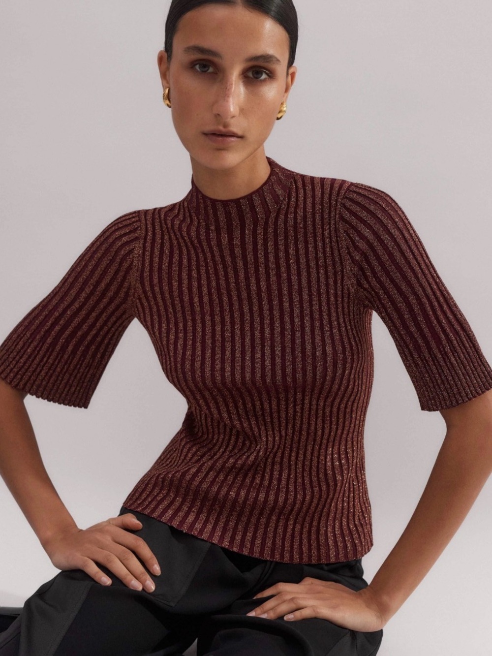 ME+EM Fashioned Rib Metallic Knit Top - Deep Merlot / Bronze - Size L